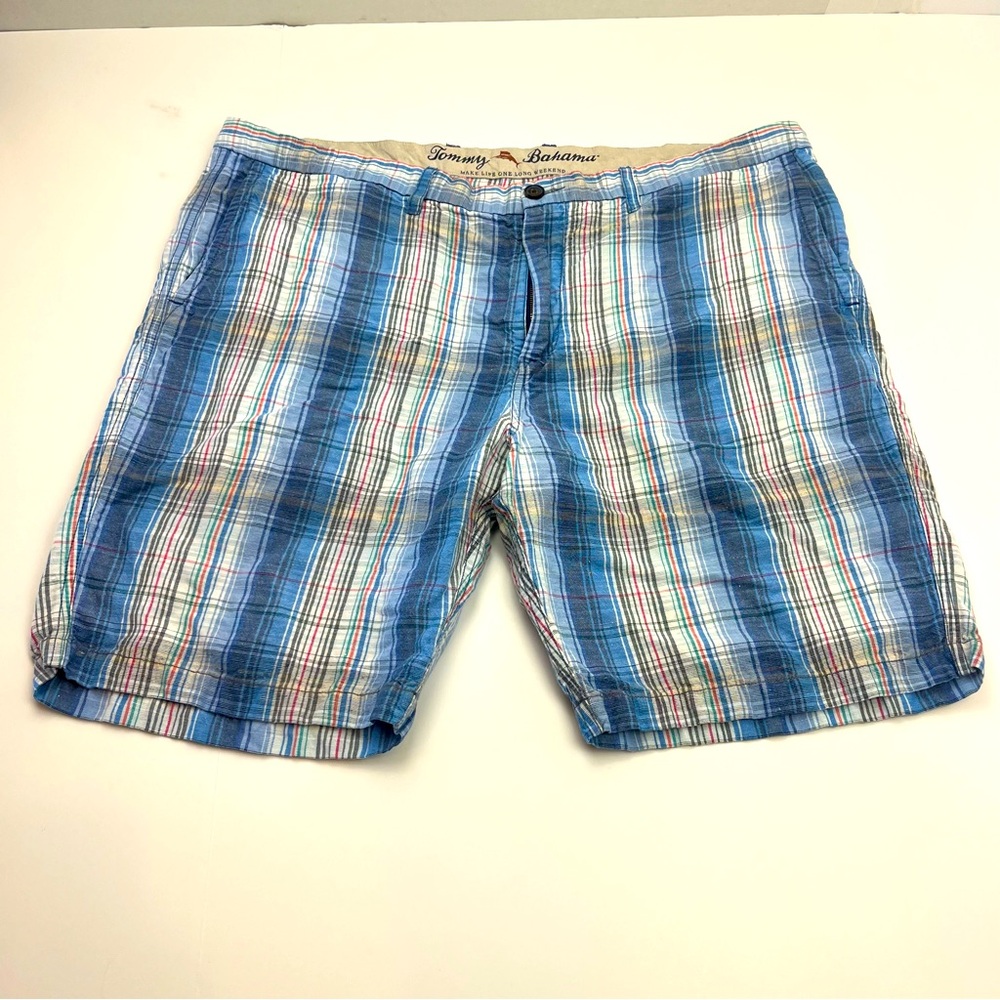 Tommy Bahama Men’s Shorts Plaid Ocean Deep Blue White Casual Linen Blend Size 42